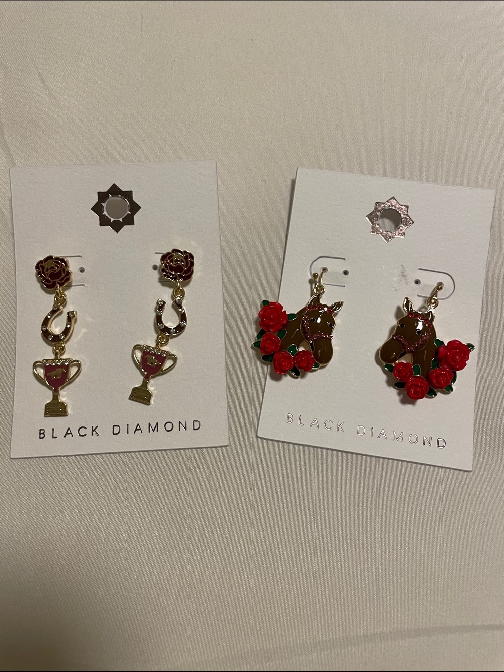 Black Diamond Red Rose Horse & Trophy Drop Earrings - Gold Derby earrings
